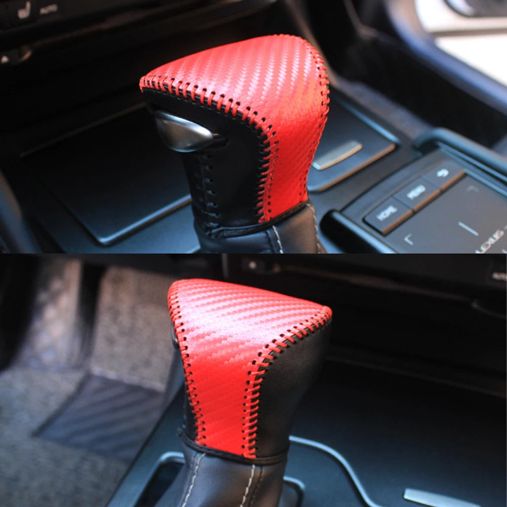 PU Leather Gear Shift Knob Cover Handball Trim Carbon Fiber Black/Red For Lexus UX250h UX200 ES350 2019-2023 Car Accessories